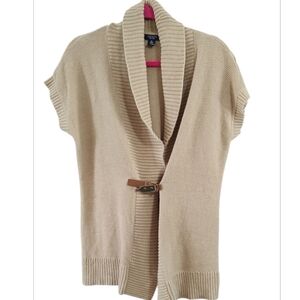 Chaps Beige Short Sleeve Shawl Collar Cardigan with Buckle
